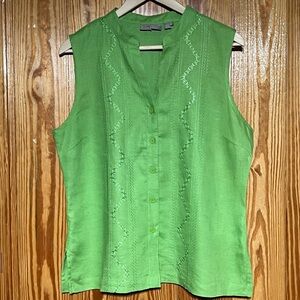Kim Rogers 100% Linen Sleeveless V-Neck Top Size Large Embroidered Lime Green